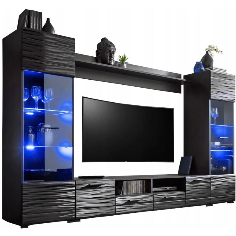 Dusine - Meuble salon Queen 260 cm noir Laqué tv Effet 3D avec led