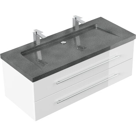 Meuble SDB Damo en décor chêne avec une vasque en granit Galaxy Black 130cm