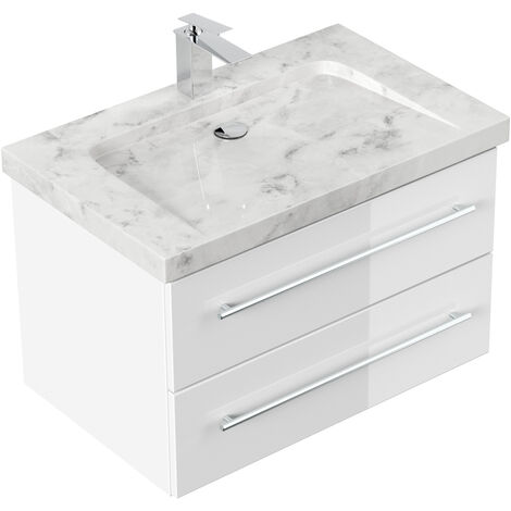 Meuble SDB Damo en blanc brillant avec une vasque en marbre Carrara White 75 cm