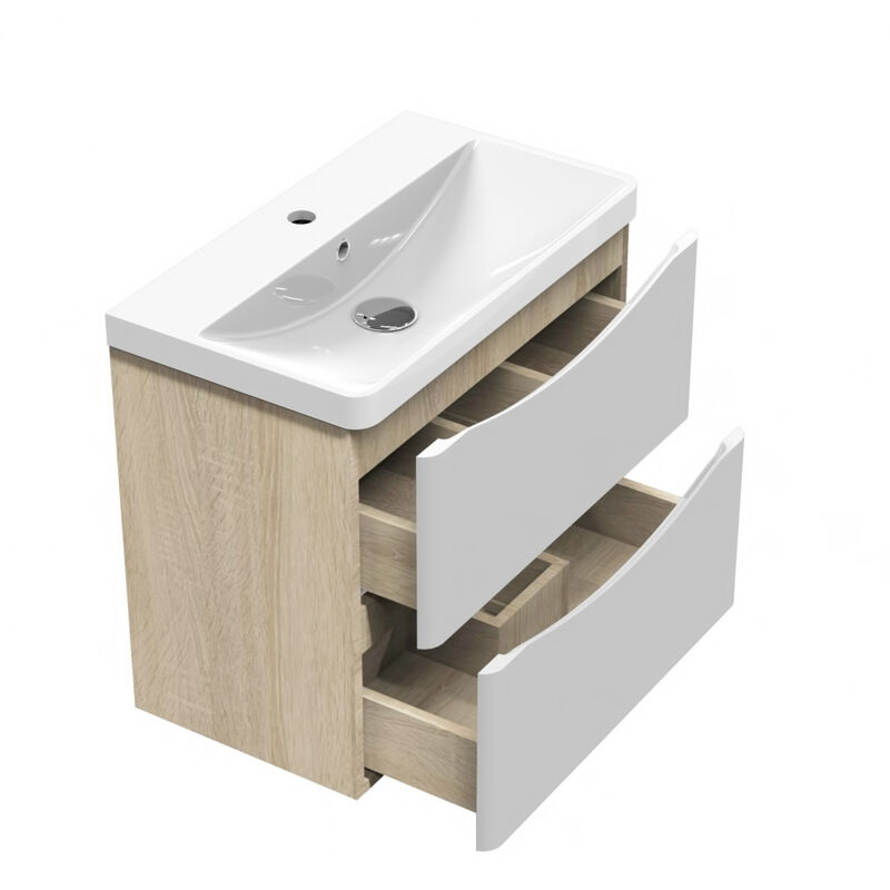 Meuble simple vasque 60cm, Acezanble meuble Salle de Bain blanc et Chêne Wota