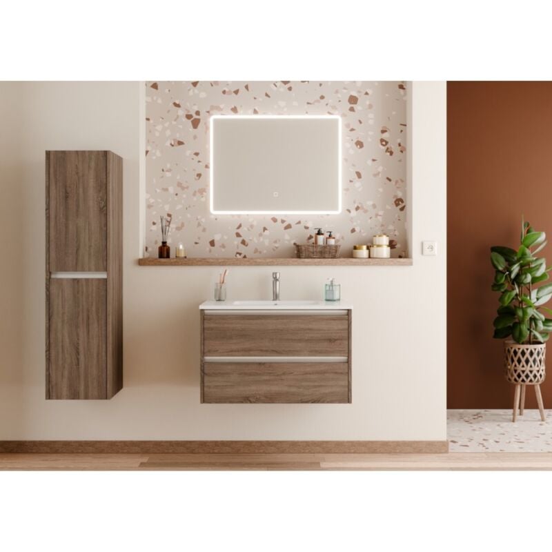 Sanitaire - Meuble vasque jupiter 3.0 Bois Foncé 80cm avec Miroir Reflet