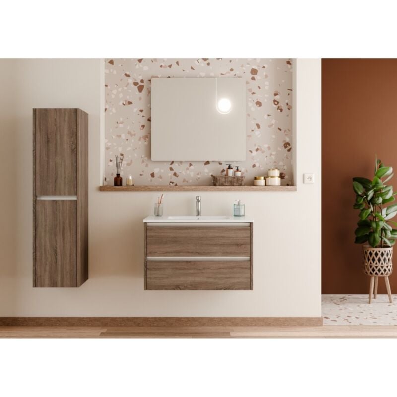 Sanitaire - Meuble vasque jupiter 3.0 Bois Foncé 80cm avec Miroir elegance