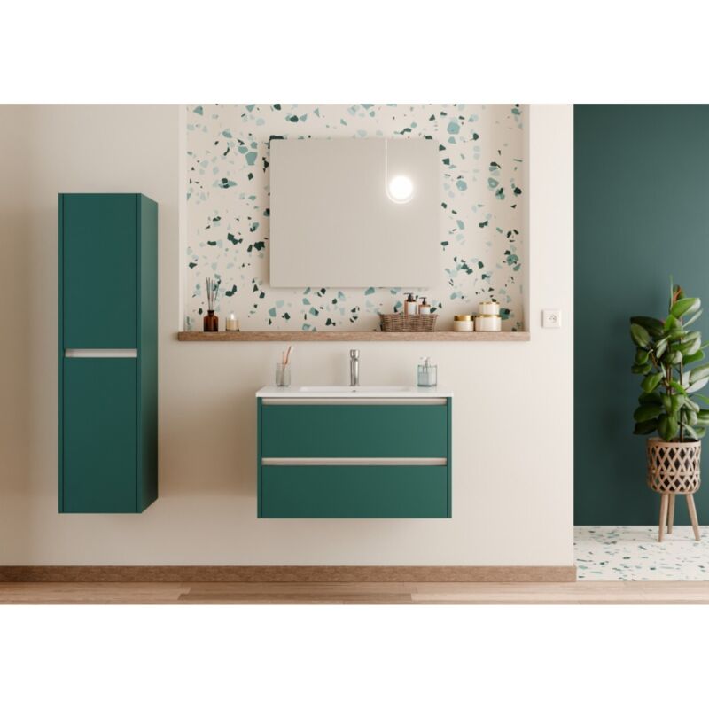 Sanitaire – Meuble sous vasque simple 80cm – Bleu canard – Miroir LED antibuée ELEGANCE 80cm – 2 tiroirs avec rails coulissants soft closing