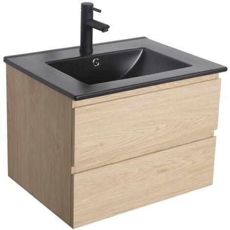 Meuble simple vasque décor chêne 60cm + vasque noire