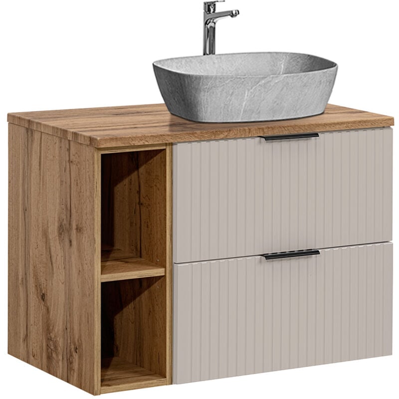 Petits-meubles - Meuble simple vasque effet pierre 80cm 2 niches Adriel Cachemire et Bois