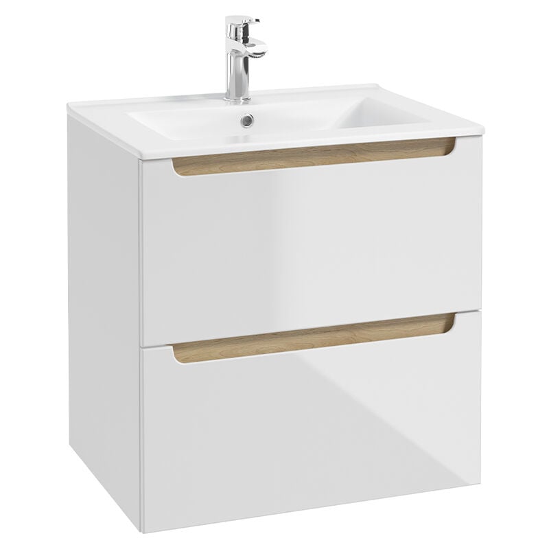 Meuble simple vasque encastrée 60cm 2 tiroirs Livia Blanc et Bois