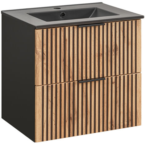 Meuble simple vasque encastrée 60cm Gaia Bois et Noir - Vasque Noir