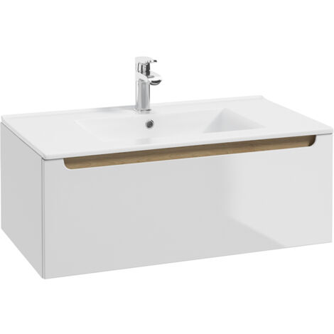 Meuble simple vasque encastrée 80cm 1 tiroir Livia Blanc et Bois
