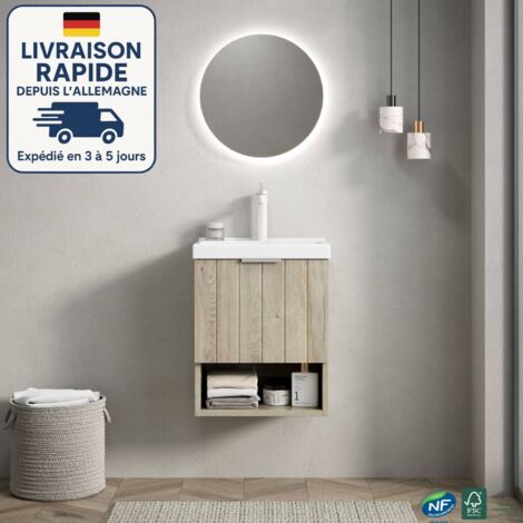 Meuble simple vasque - Fixé au mur - 42CM - Vasque rectangulaire en céramique blanche - Meuble à double porte rayé - Grain de bois chêne crème