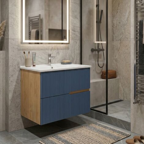 Meuble simple vasque L.60cm à suspendre Chêne naturel 2 tiroirs Bleu Mer cannelé EVA - sans colonne