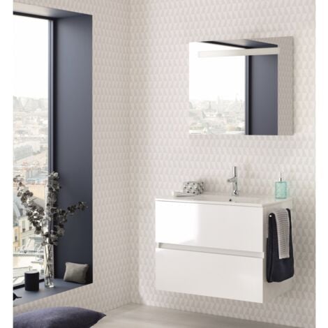 Meuble salle de bain KLASS 100 cm avec vasque à poser et Miroir LED - Blanc  et Bois