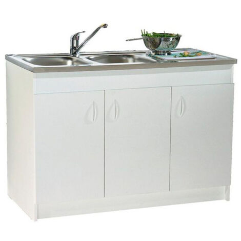 Meuble sous évier 3 portes 1200 mm – Côtés et façades en PPSM blanc 16 mm – Charnières invisibles à rappel automatique – Hauteur 822 mm – Neova