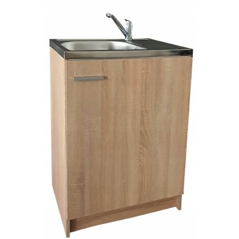 Meuble sous évier 60 x 50 cm en chêne sonoma – Corps en panneau laminé – Évier en acier inoxydable avec égouttoir – Robinet chromé