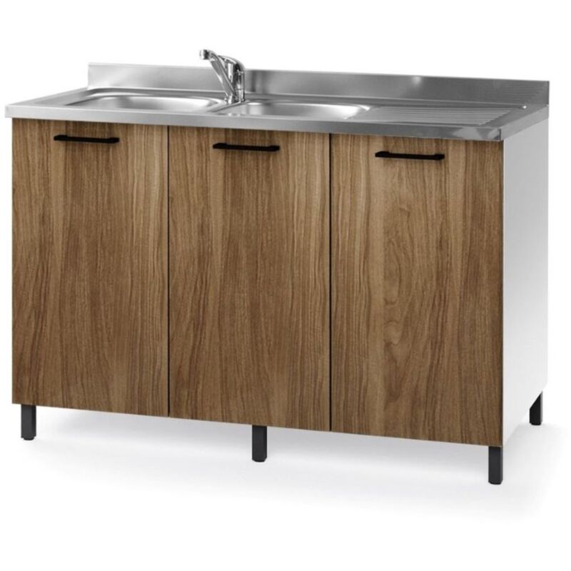Meuble sous évier avec 3 portes et évier réversible coloris noyer naturel 120 cm