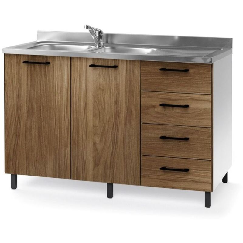 Meuble sous évier avec tiroirs couleur noyer naturel et évier inclus 120 cm à droite