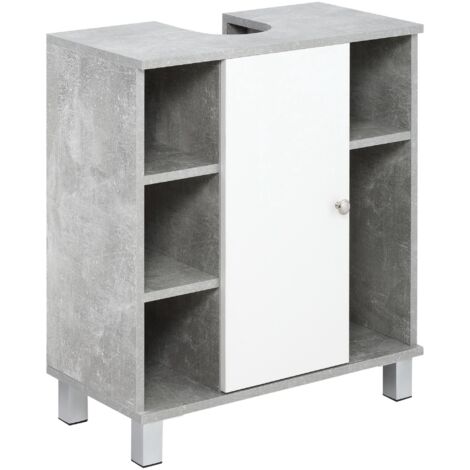 Meuble sous évier blanc et gris, avec découpe en U et 6 étagères en bois, meuble de rangement pour salle de bain, dimensions 60×30×68 cm