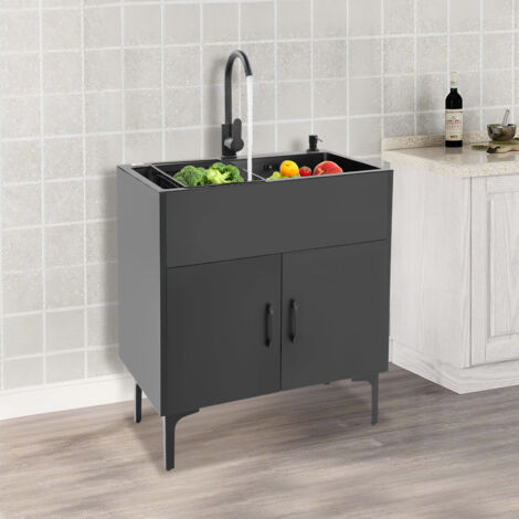 Meuble sous évier de cuisine 68 x 45 cm, évier professionnel à cuve unique, noir, avec bac à lessive, équipé de robinets d'eau chaude et d'eau froide, adapté à une utilisation en extérieur et en intér