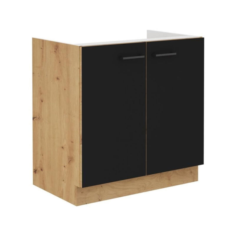 Modena - Meuble sous evier - 2 portes battantes - 80 x 52 x 82 cm - Chene artisan / Noir mat - Plan de travail non inclus