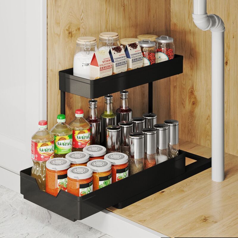 Meuble sous évier,Rangement sous Evier 2 Niveaux, Coulissant Organiseur sous Évier Etagere Tiroir avec 4 Patères, Étagère sous Évier pour Cuisine