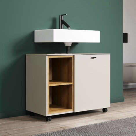 Meuble sous lavabo 1 porte 2 niches beige et chêne clair - AMAZA