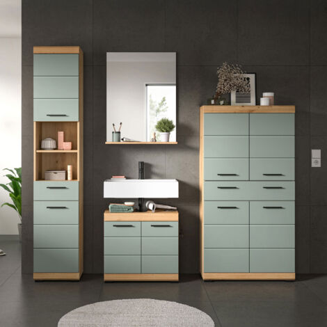 Meuble sous lavabo + 2 meubles + miroir chêne brun et kaki - OLBO