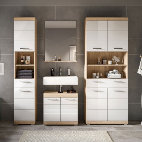 Meuble sous lavabo + 2 meubles + miroir chêne et blanc - LAMBY