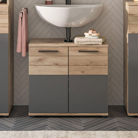 Meuble sous lavabo 2 portes décor chêne et anthracite - MAZON