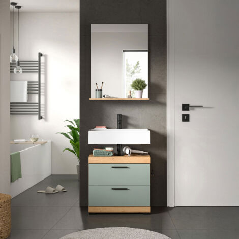 Meuble sous lavabo 2 tiroirs + 1 miroir chêne brun et kaki - OLBO