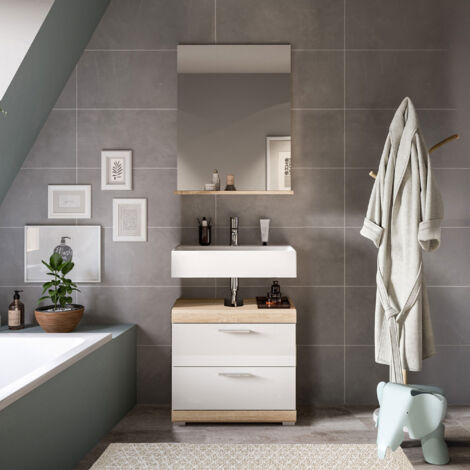 Meuble sous lavabo 2 tiroirs + 1 miroir chêne et blanc - LAMBY