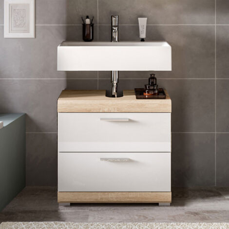 Meuble sous lavabo 2 tiroirs 60x34x56 cm chêne et blanc - LAMBY
