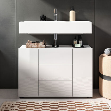 Meuble sous lavabo 3 portes 82x32x56 cm blanc brillant - VARKA