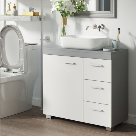 Meuble sous lavabo, 3 Tiroirs Latéraux, 2 Cases derrière la Porte, avec Pieds, 30 x 70 x 64 cm, Blanc Nuage et Gris Tourterelle
