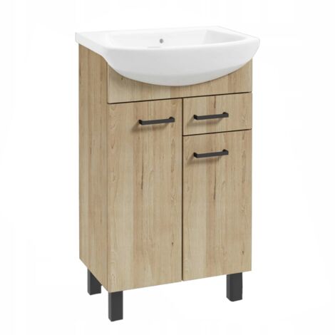 Meuble sous lavabo 50 - Chêne clair - Avec tiroir et lavabo en céramique - Design moderne et pratique