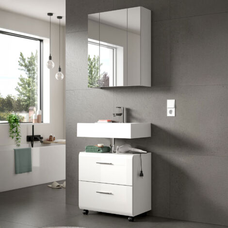 Meuble sous lavabo + armoire de toilette blanc brillant - ICEDY