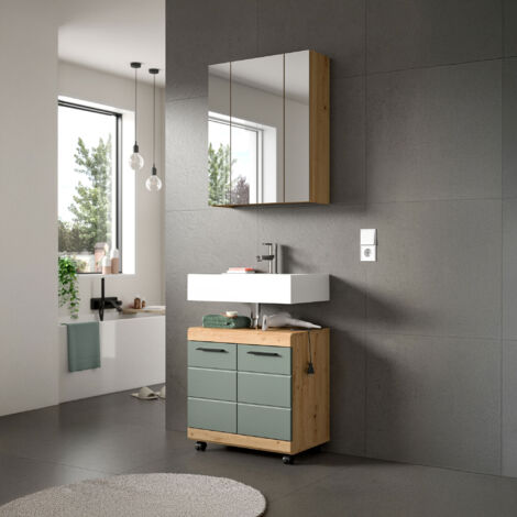 Meuble sous lavabo + armoire de toilette chêne brun et kaki - OLBO