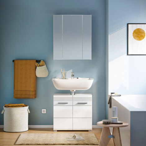 Meuble sous lavabo + armoire de toilette décor blanc brillant - KUEDA