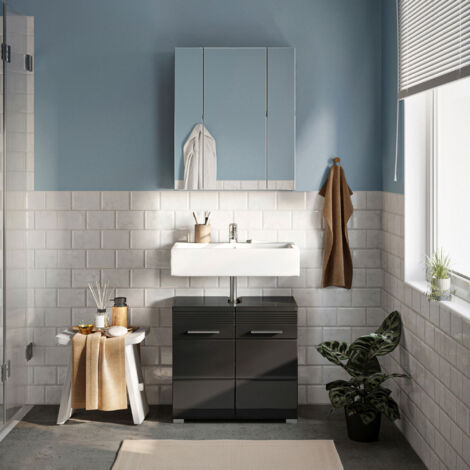 Meuble sous lavabo + armoire de toilette décor noir brillant - KUEDA