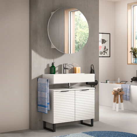 Meuble sous lavabo + armoire de toilette ronde blanc et noir - JERBA