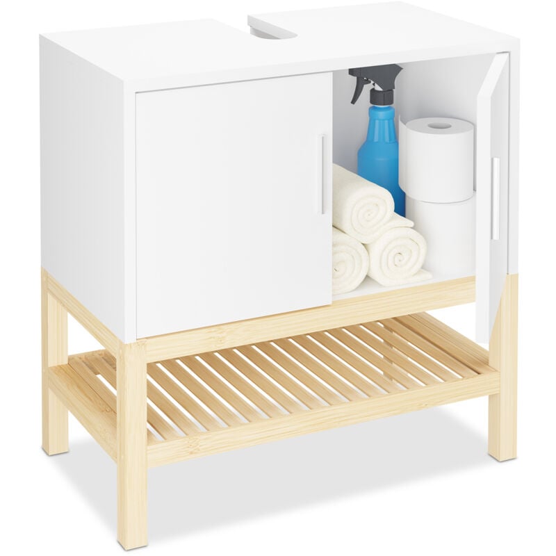 Meuble sous lavabo, 2 compartiments, hlp : 60,5x60x33 cm, mdf et bambou, salle de bain, blanc/nature - Relaxdays
