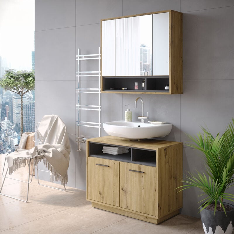 Meuble sous vasque simple Beatrice, Chêne Artisan/Anthracite, 80 x 64 cm Vicco