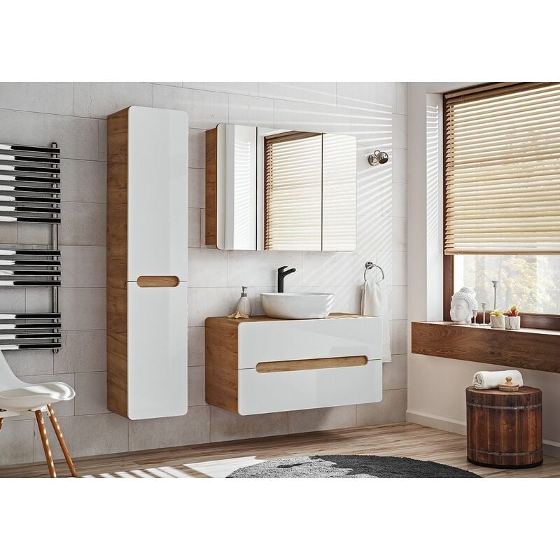 Meuble sous lavabo - Chêne artisanal doré et blanc brillant - L60-H59-P46 - arriba + Plan de vasque en bois chêne gold craft L-61-P46-H2,5 - Chêne