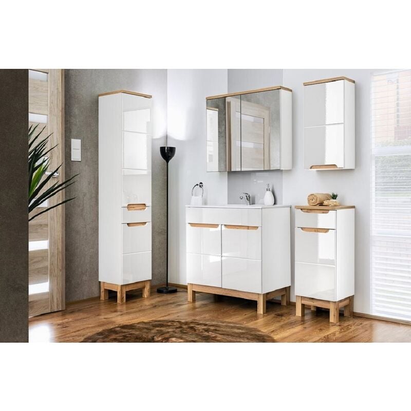 Otitec - Meuble sous lavabo de salle de bain avec pieds - Blanc alpin - L60-H84-P45,5 - java + Plan de vasque en bois blanc alpin L-60-P46-H2,5