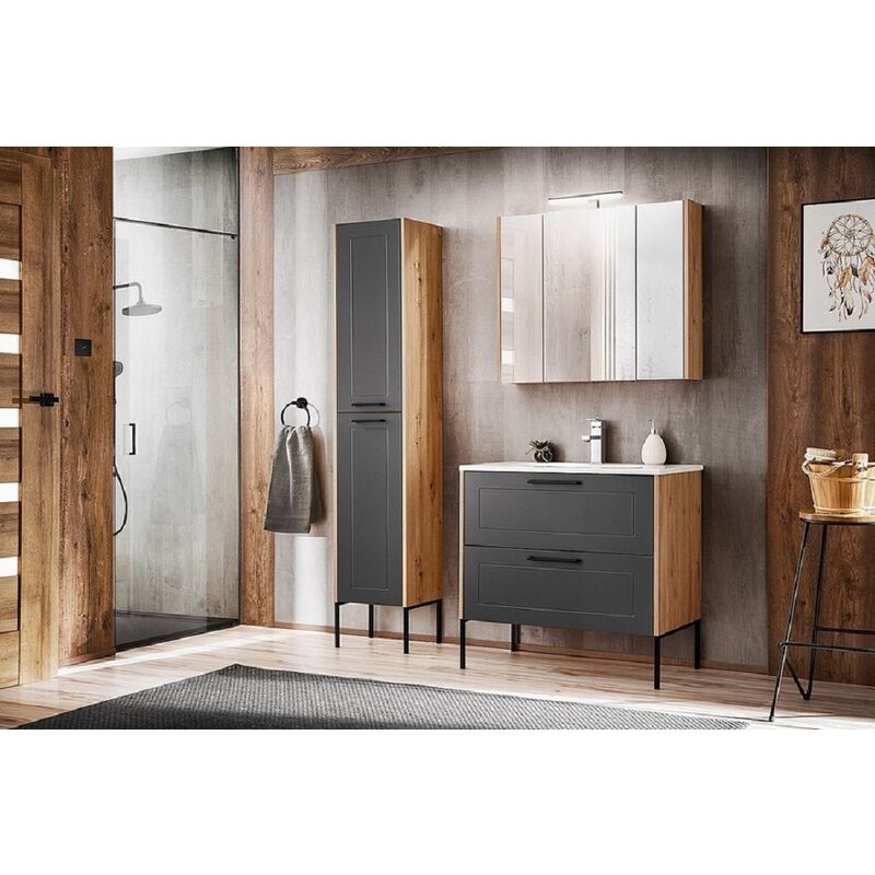 Meuble sous lavabo de salle de bain - Chêne artisan et graphite - L120-H61-P46 - Modern + Plan de vasque en bois chêne artisanal L-120-P48-H2,5