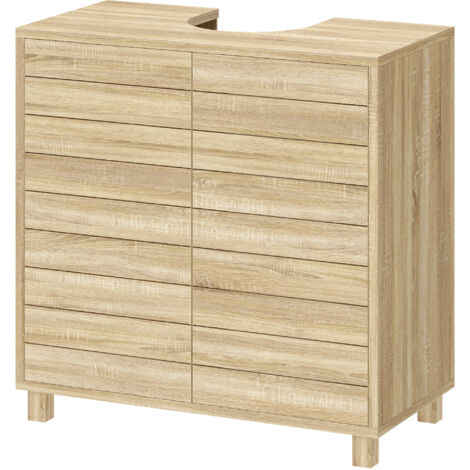 Meuble sous lavabo, découpe en U, portes à lattes, étagère ajustable, ouverture par pression, 60x30x60cm, bois naturel