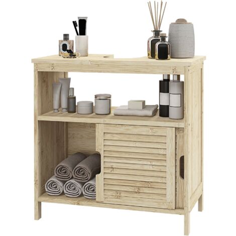 Meuble sous lavabo en bambou avec 2 portes, meuble de rangement salle de bain 60 x 30 x 60 cm, bois naturel