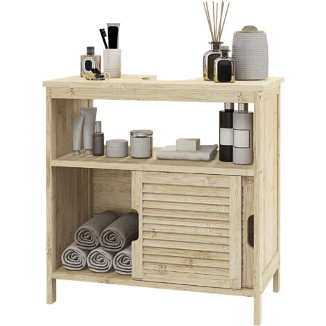 Meuble sous lavabo en Bambou, Meuble de Rangement pour Salle de Bain avec 2 Portes, 60 x 30 x 60 cm, Bois Naturel