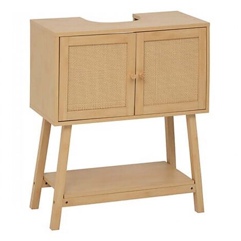 Meuble sous lavabo en cannage avec 2 portes et 1 étagère, coloris chêne - Longueur 70 x Profondeur 30 x Hauteur 80 cm