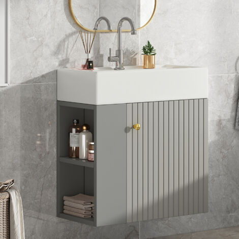 Meuble sous-lavabo, Langeur 55 cm, Meuble de salle de bain avec vasque suspendu avec portes et 2 Étagères, gris clair