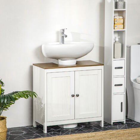Meuble sous lavabo meuble de salle de bain 2 portes avec étagère 60 x 30 x 60 cm blanc et aspect bois