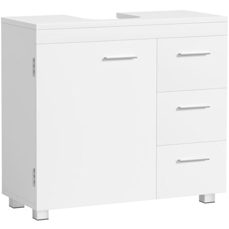 Meuble sous Lavabo, Meuble de Salle de Bain, 3 Tiroirs Latéraux, 2 Compartiments Derrière la Porte, Adapté aux Lavabos sur Colonne, avec Pieds, 30 x 70 x 64 cm, Blanc Nuage